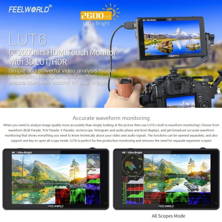 Màn hình cảm ứng 6 inch IPS FEELWORLD LUT6 1920x1080 2600 nits HDMI 4K cho máy ảnh, LUT6