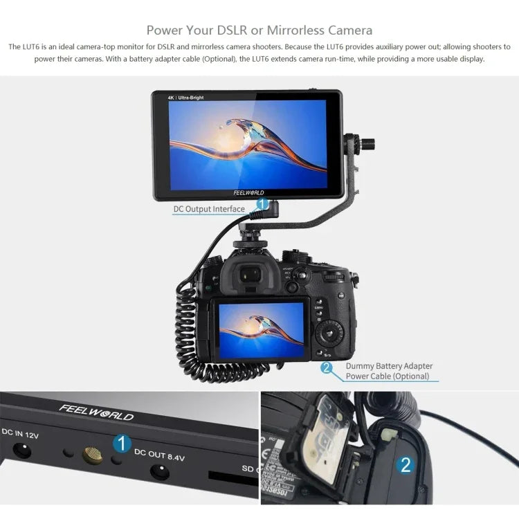 Màn hình cảm ứng 6 inch IPS FEELWORLD LUT6 1920x1080 2600 nits HDMI 4K cho máy ảnh, LUT6