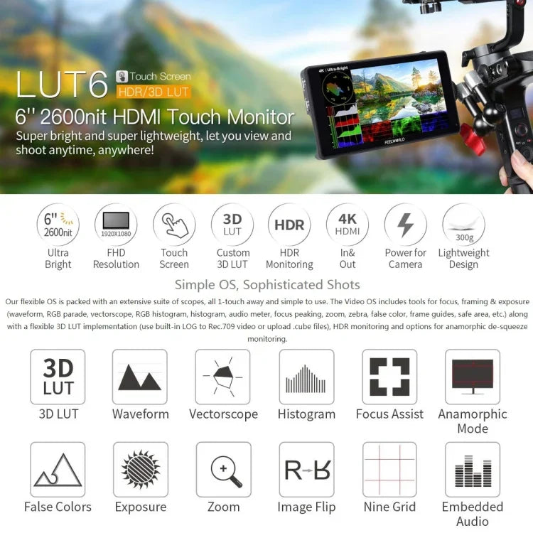 Màn hình cảm ứng 6 inch IPS FEELWORLD LUT6 1920x1080 2600 nits HDMI 4K cho máy ảnh, LUT6
