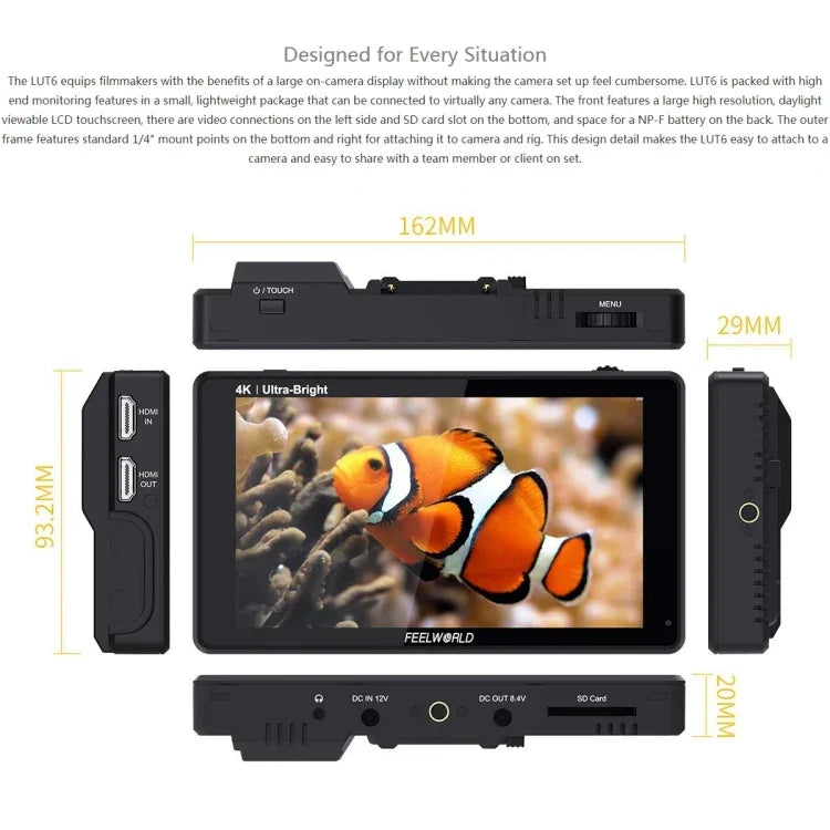 Màn hình cảm ứng 6 inch IPS FEELWORLD LUT6 1920x1080 2600 nits HDMI 4K cho máy ảnh, LUT6