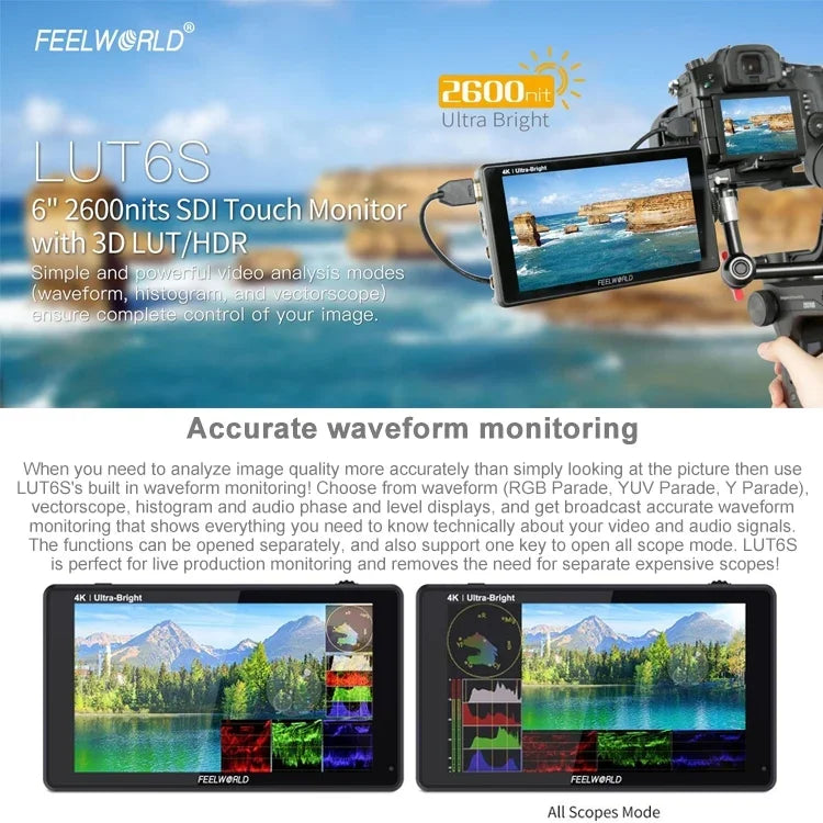 Màn hình trường quay FEELWORLD LUT6S 1920x1080 2600 nits 6 inch IPS HDMI 4K cảm ứng SDI HDI, LUT6S
