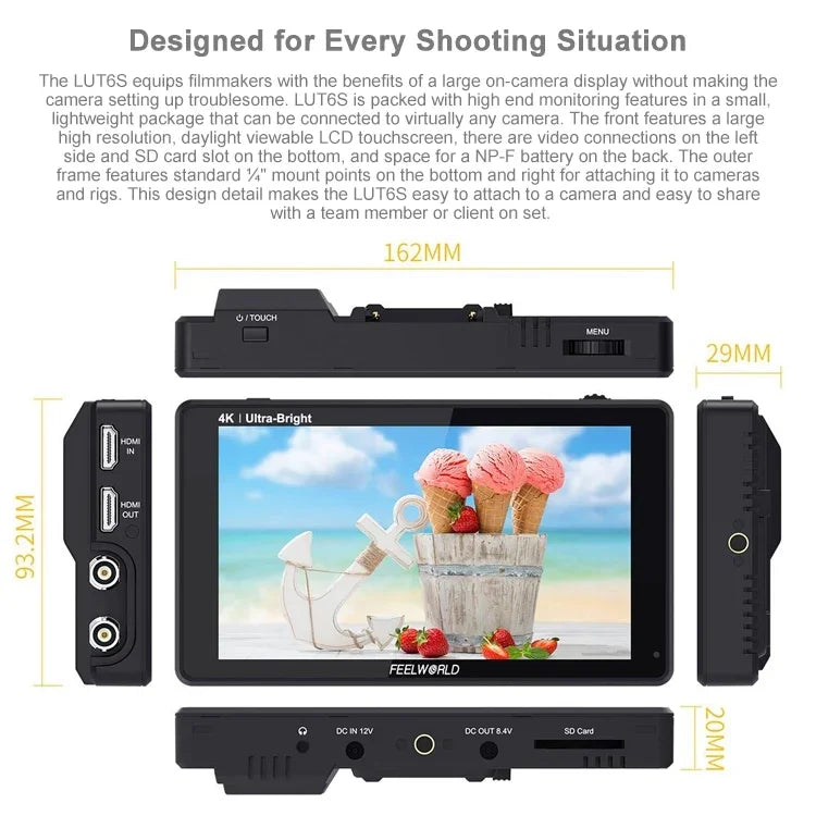 Màn hình trường quay FEELWORLD LUT6S 1920x1080 2600 nits 6 inch IPS HDMI 4K cảm ứng SDI HDI, LUT6S