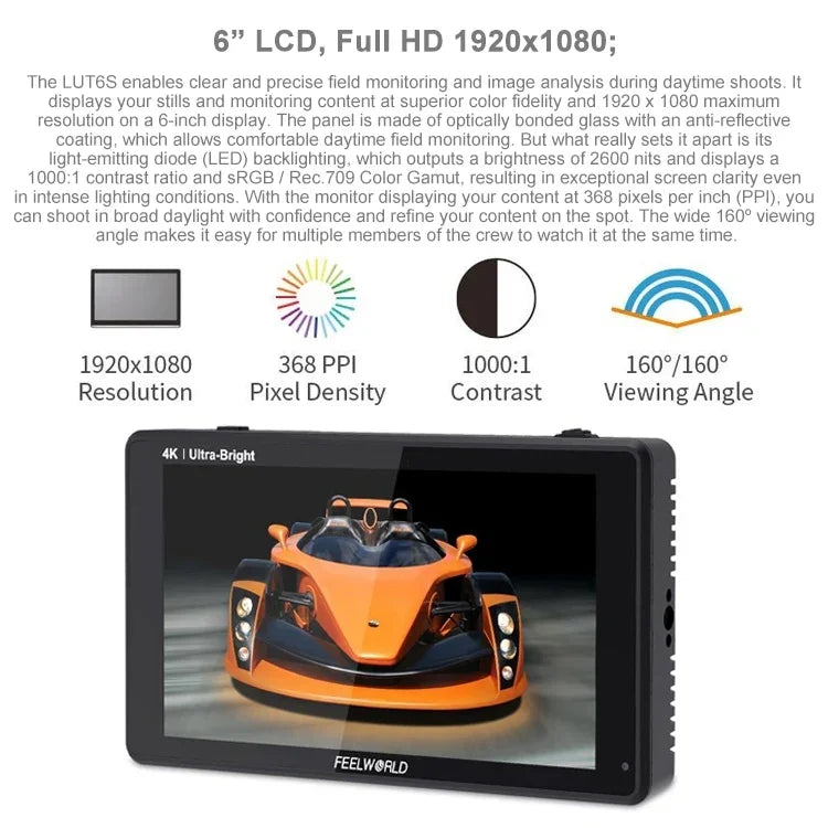 Màn hình trường quay FEELWORLD LUT6S 1920x1080 2600 nits 6 inch IPS HDMI 4K cảm ứng SDI HDI, LUT6S