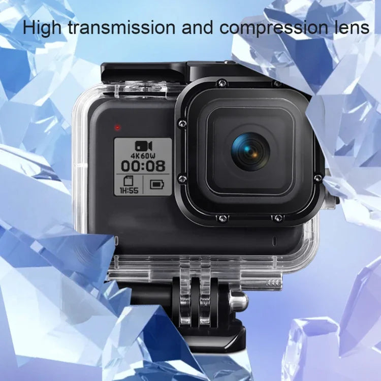 Vỏ bảo vệ chống nước 45m cho GoPro HERO8 Black kèm khóa, giá đỡ cơ bản & ốc vít & tay cầm phao nổi & dây đeo & miếng chèn chống mờ, Vỏ HERO8 trong suốt