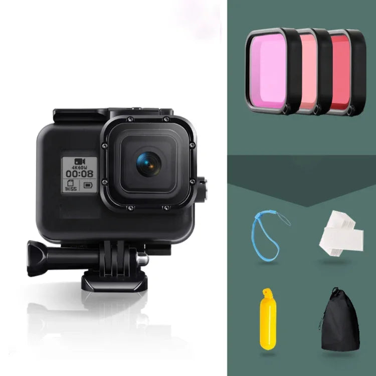 Vỏ bảo vệ chống nước 45m cho GoPro HERO8 Black kèm khóa, giá đỡ cơ bản & ốc vít & bộ lọc (Tím, Đỏ, Hồng) & tay cầm phao nổi & dây đeo & miếng chống sương mù, Vỏ HERO8 trong suốt + Bộ lọc