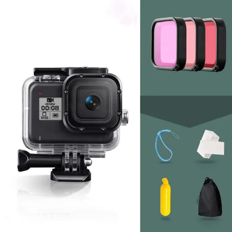 Vỏ bảo vệ chống nước 45m cho GoPro HERO8 Black kèm khóa, giá đỡ cơ bản & ốc vít & bộ lọc (Tím, Đỏ, Hồng) & tay cầm phao nổi & dây đeo & miếng chèn chống mờ, Vỏ HERO8 màu đen + Bộ lọc