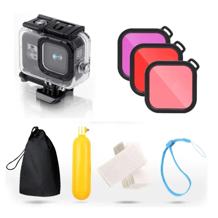 Vỏ bảo vệ chống nước 45m cho GoPro HERO8 Black kèm khóa, giá đỡ cơ bản & ốc vít & bộ lọc (Tím, Đỏ, Hồng) & tay cầm phao nổi & dây đeo & miếng chèn chống mờ, Vỏ HERO8 màu đen + Bộ lọc