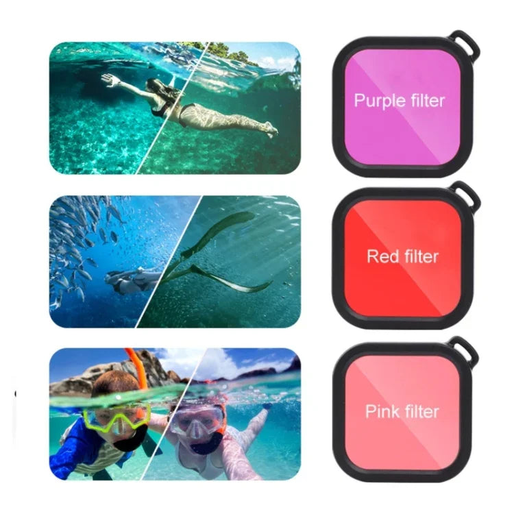Vỏ bảo vệ chống nước 45m cho GoPro HERO8 Black kèm khóa, giá đỡ cơ bản & ốc vít & bộ lọc (Tím, Đỏ, Hồng) & tay cầm phao nổi & dây đeo & miếng chèn chống mờ, Vỏ HERO8 màu đen + Bộ lọc