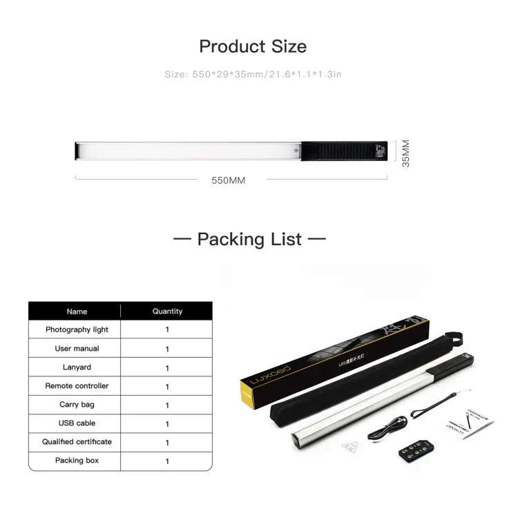 Đèn LED thanh chiếu sáng ảnh nhiệt độ màu đôi 1000LM LUXCeO Q508S, đèn LED cầm tay chiếu sáng flash, Q508S