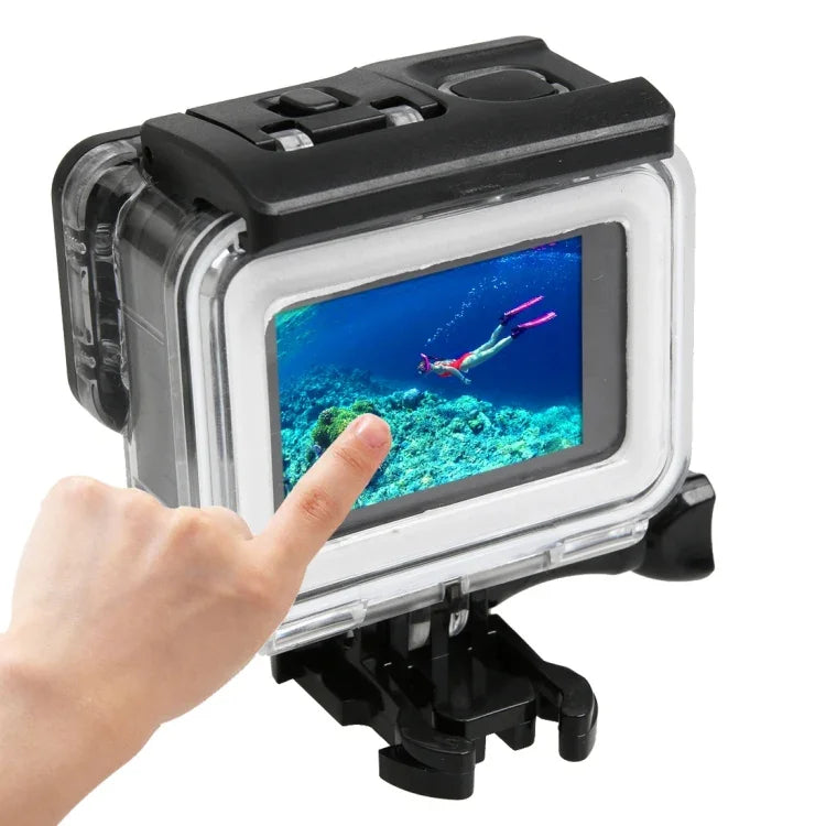 Vỏ bảo vệ chống nước 30m PC & ABS cho GoPro HERO5 kèm nắp lưng cảm ứng, khóa, giá đỡ cơ bản & ốc dài, Kích thước nắp lưng: 7 x 6 cm, Vỏ bảo vệ