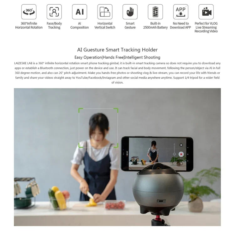 LAIZESKE LA8 Giá Đỡ Điện Thoại Tự Động Theo Dõi 360 Độ Robot Thông Minh Quay Phim, LA8