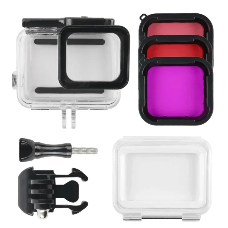 Vỏ bảo vệ chống nước 45m + Ốp lưng cảm ứng cho GoPro HERO MỚI /HERO6 /5, kèm khóa gắn cơ bản & ốc vít & bộ lọc (Tím, Đỏ, Hồng), không cần tháo ống kính, Màn hình cảm ứng + Bộ lọc (Trong suốt)
