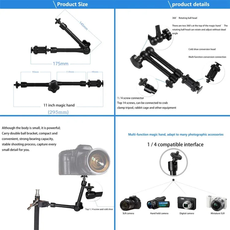 Cần Ma Thuật Khớp Ma Sát Điều Chỉnh 11 inch + Kẹp Móng Vuốt Lớn với Kẹp Điện Thoại, Cần Ma Thuật 11 inch + Kẹp Móng Vuốt với Kẹp Điện Thoại