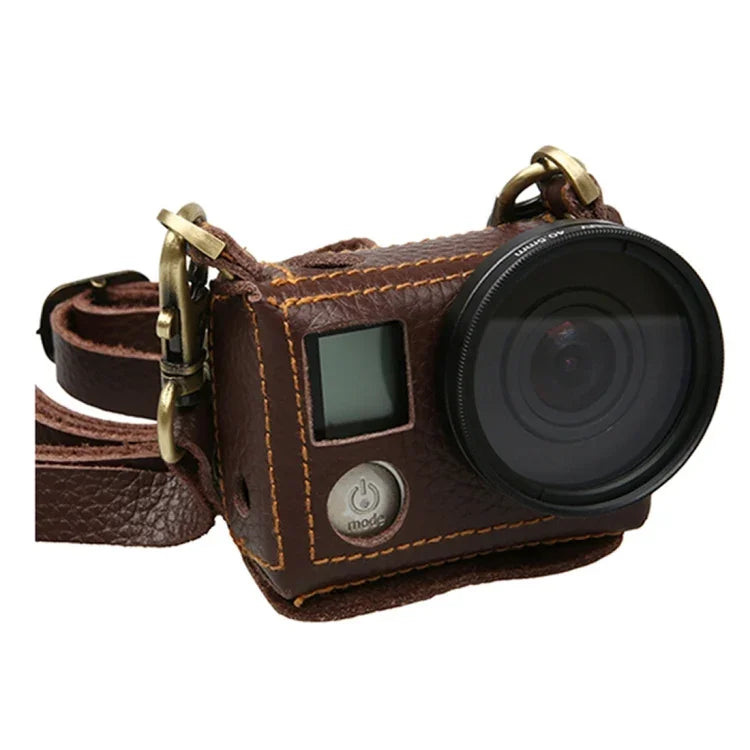 Ốp bảo vệ da thật họa tiết Litchi cho GoPro HERO4 kèm dây đeo, Họa tiết Litchi (Nâu)