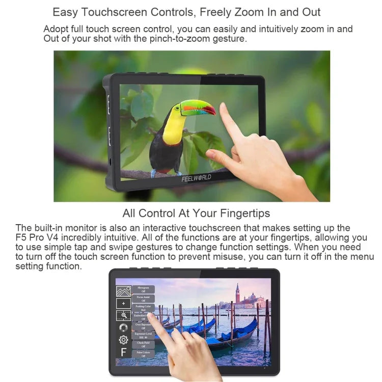 Màn hình trường quay DSLR cảm ứng 6 inch FEELWORLD F5 Pro V4, 3D LUT, 4K HDMI vào ra, tay nghiêng, F5 Pro V4