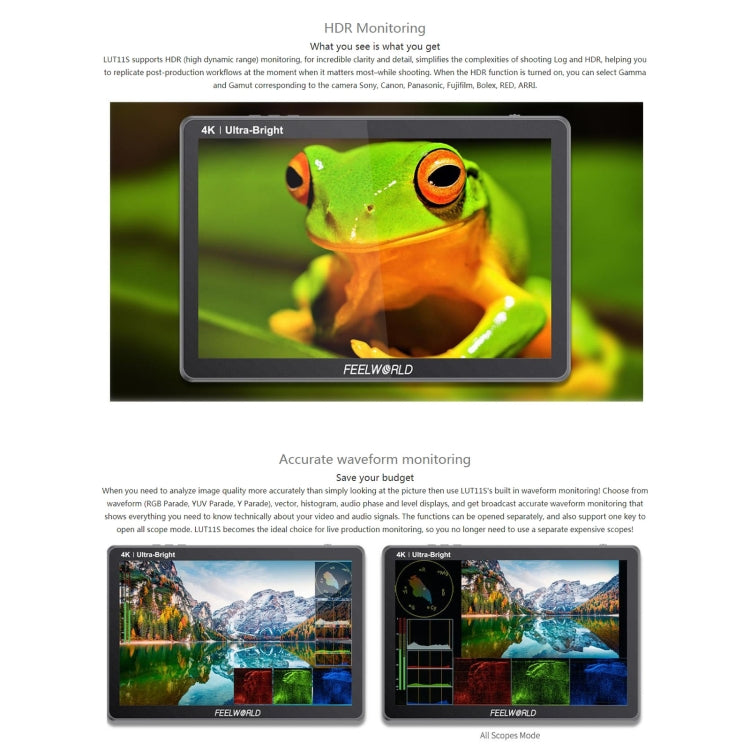 Màn hình trường quay DSLR cảm ứng siêu sáng 10.1 inch 2000nit FEELWORLD LUT11S, 3G-SDI 4K HDMI vào ra 1920 x 1200 IPS Panel, LUT11S