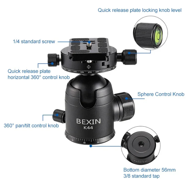 BEXIN RC294 Chân Máy Ảnh Sợi Carbon Gấp Gọn Di Động với Đầu Bi Toàn Cảnh K44, RC294+K44