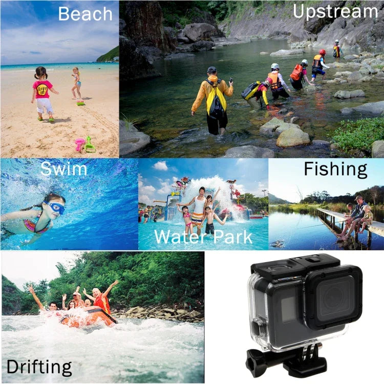 Vỏ bảo vệ chống nước 30m cho GoPro HERO6 /5 + Nắp lưng rỗng có khóa, giá đỡ cơ bản & ốc vít, không cần tháo ống kính (GP413), Vỏ bảo vệ + Nắp lưng