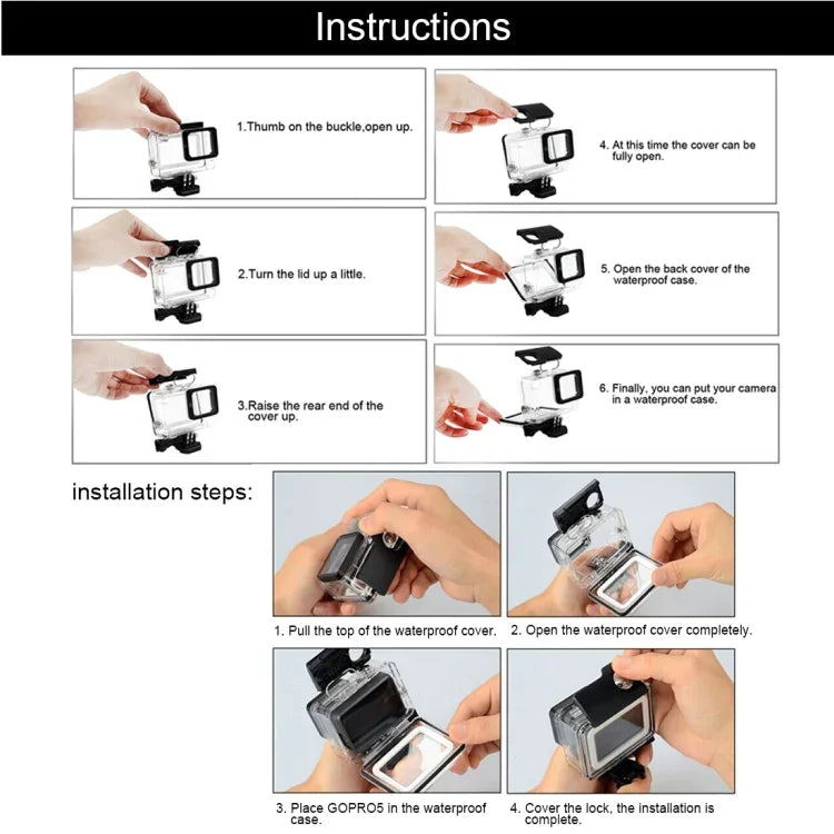 Vỏ bảo vệ chống nước 30m cho GoPro HERO6 /5 + Nắp lưng rỗng có khóa, giá đỡ cơ bản & ốc vít, không cần tháo ống kính (GP413), Vỏ bảo vệ + Nắp lưng