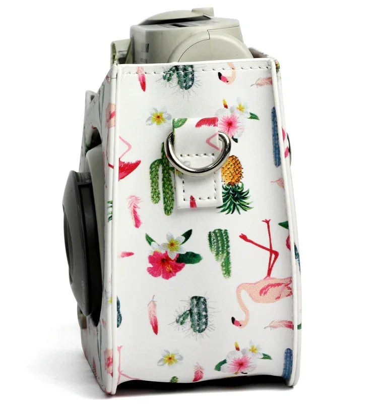 Túi đựng máy ảnh bảo vệ bằng da PU họa tiết xương rồng hồng hạc cho máy ảnh FUJIFILM Instax Mini 7S / 7C, Hồng hạc xương rồng