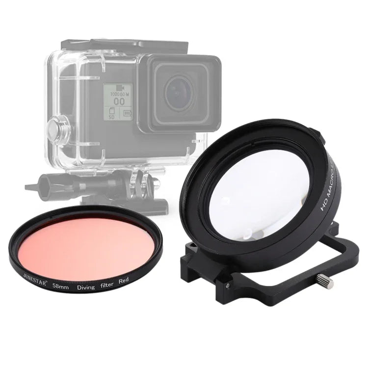Ống Kính Macro 16X 58mm JSR + Bộ Lọc Ống Kính Lặn Màu Đỏ Kèm Nắp Ống Kính + Vòng Chuyển Bộ Lọc Ống Kính + Dây + Khăn Lau Cho GoPro HERO6 /5, Dùng cho HERO6 /5