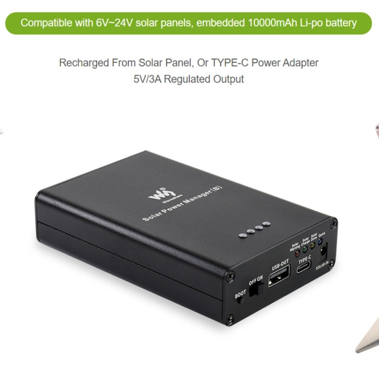 Bộ quản lý năng lượng mặt trời Waveshare, pin Li-Po 10000mAh tích hợp, hỗ trợ tấm pin mặt trời 6V~24V, 19799