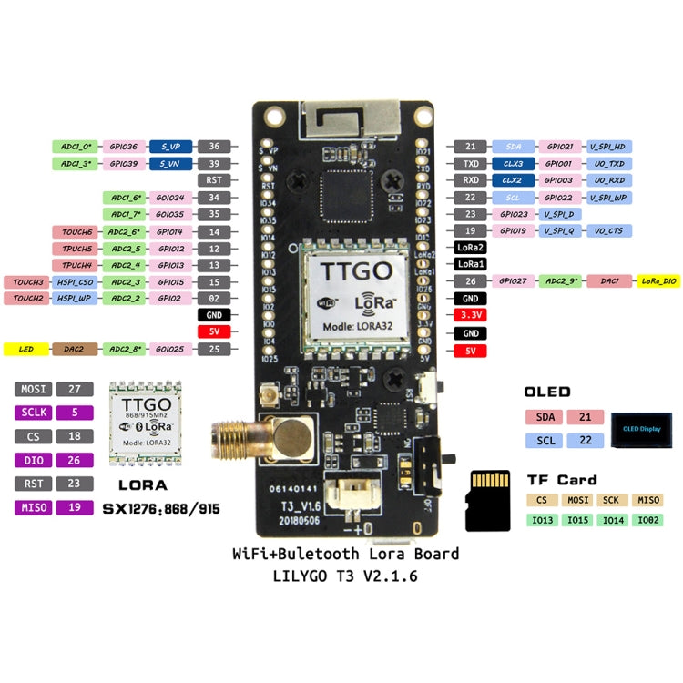 Module không dây TTGO LORA32 V2.1 ESP32 OLED 0.96 inch Bluetooth WiFi 915MHz SMA IP5306 kèm ăng-ten, 915MHz