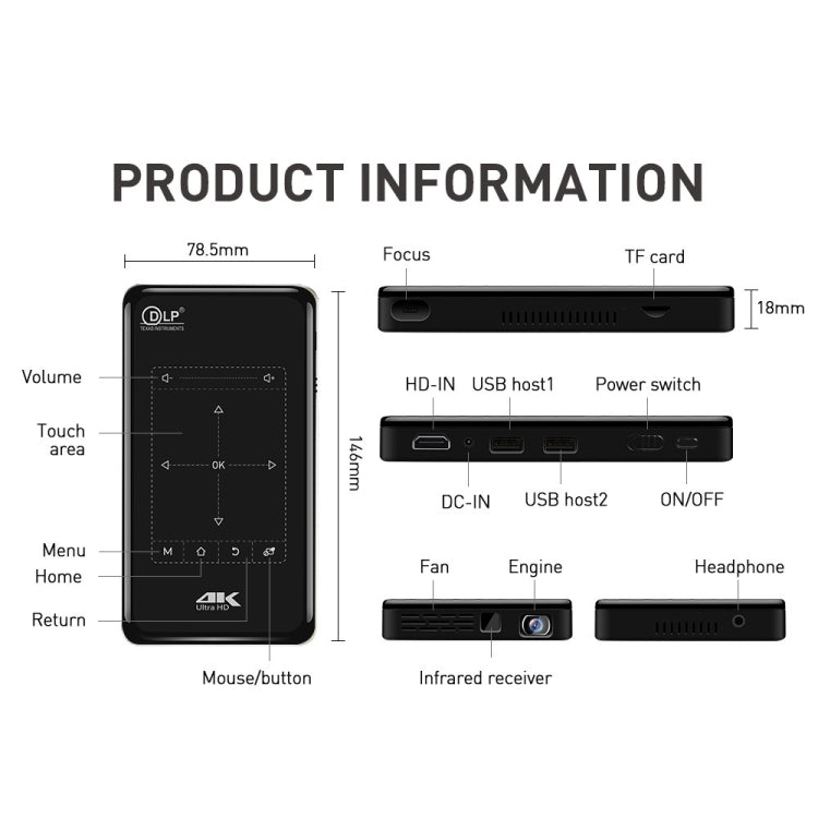Máy chiếu thông minh mini 4K Ultra HD P09 di động với điều khiển từ xa hồng ngoại, Amlogic S905X 4 nhân A53 lên đến 1.5GHz Android 6.0, 1GB+8GB, hỗ trợ WiFi 2.4G/5G, Bluetooth, thẻ TF