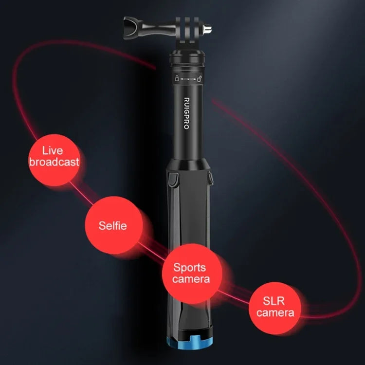 Chân đế cầm tay liền khối RUIGPRO Gậy selfie Monopod kéo dài cho GoPro, Insta360, DJI và các máy quay hành động khác, Màu đen