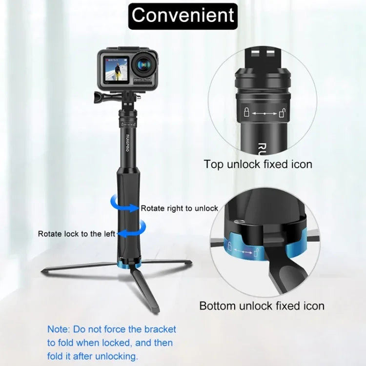 Chân đế cầm tay liền khối RUIGPRO Gậy selfie Monopod kéo dài cho GoPro, Insta360, DJI và các máy quay hành động khác, Màu đen