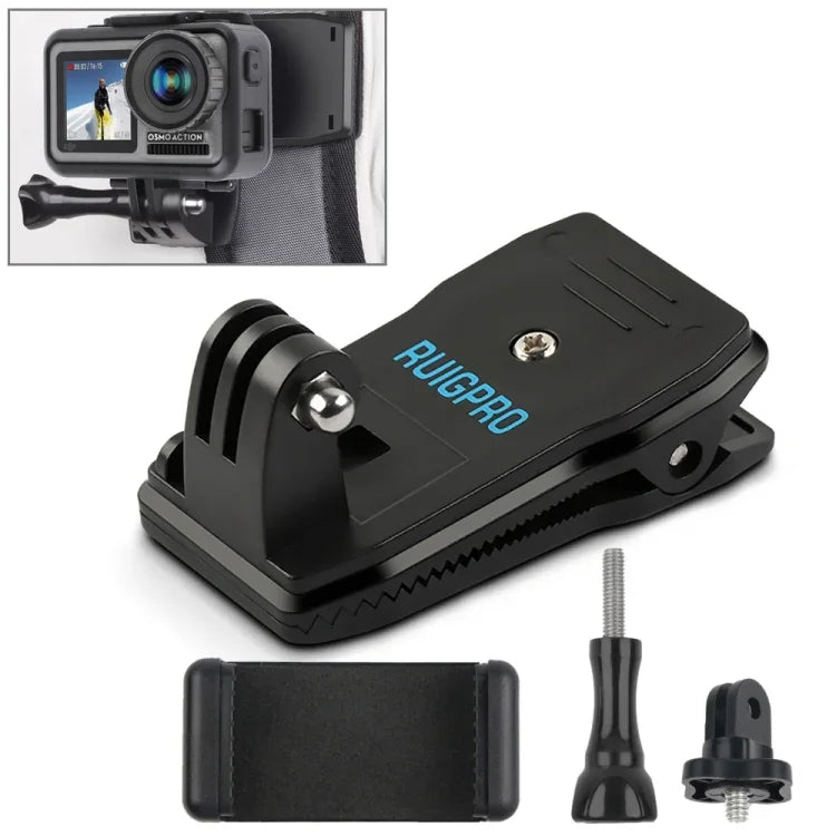 Giá kẹp gắn ba lô xoay 360 độ RUIGPRO Rec-Mounts + Kẹp điện thoại cho GoPro, Insta360, DJI và các máy quay hành động khác, Rec-Mounts+Kẹp