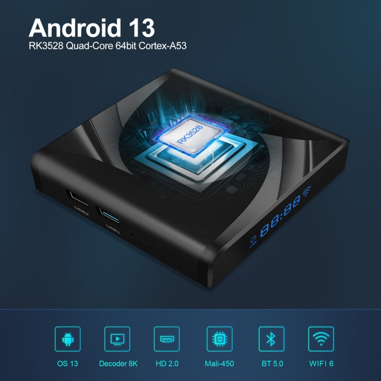 X88 Pro 13 Android 13.0 Hộp TV Thông Minh với Điều Khiển Từ Xa, RK3528 Bốn Nhân, 4G+64GB, 4G+64GB