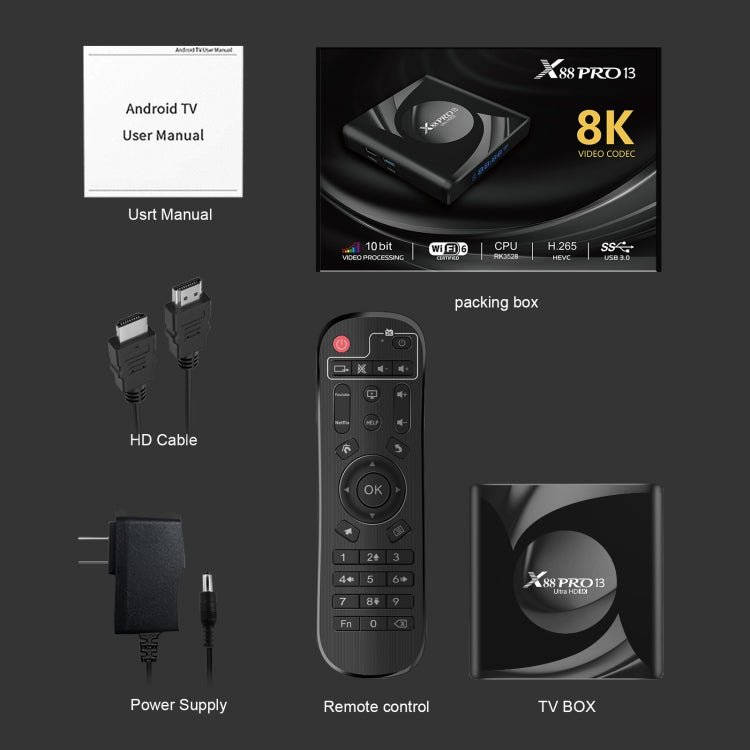X88 Pro 13 Android 13.0 Hộp TV Thông Minh với Điều Khiển Từ Xa, RK3528 Bốn Nhân, 4G+64GB, 4G+64GB