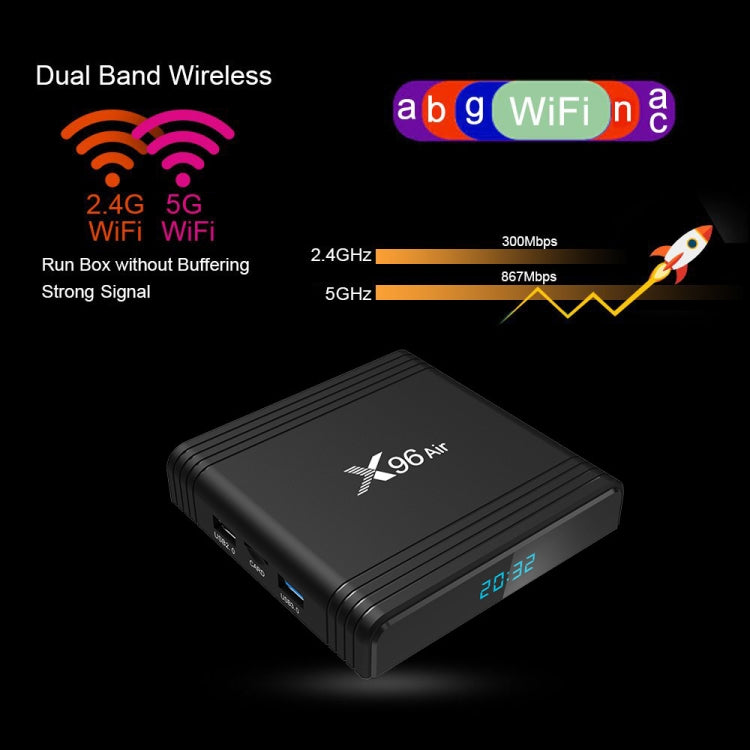 X96 Air 8K Hộp TV Thông Minh Android 9.0 Đầu Phát Media với Điều Khiển Từ Xa, Chip Amlogic S905X3 Bốn Nhân, RAM: 4GB, ROM: 32GB, WiFi Băng Tần Kép, Bluetooth, Phích Cắm AU, 4GB+32GB