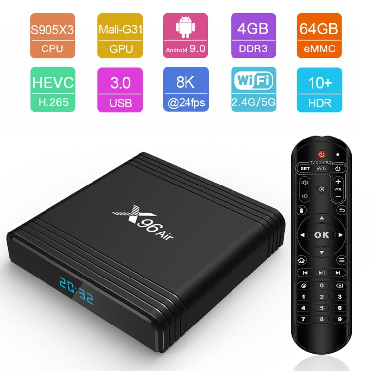 X96 Air 8K Hộp TV Thông Minh Android 9.0 Đầu Phát Media với Điều Khiển Từ Xa, Chip Amlogic S905X3 Bốn Nhân, RAM: 4GB, ROM: 64GB, WiFi Băng Tần Kép, Bluetooth, Phích Cắm AU, 4GB+64GB