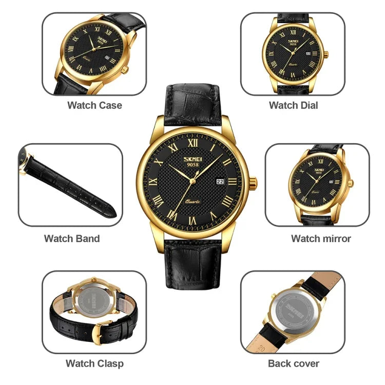 Đồng hồ đeo tay quartz vỏ vàng thời trang ngoài trời đa chức năng chống nước SKMEI 9058, kiểu nữ mặt đen dây đen, kiểu nữ mặt bạc dây nâu, kiểu nữ mặt vàng dây nâu, kiểu nam mặt bạc dây nâu