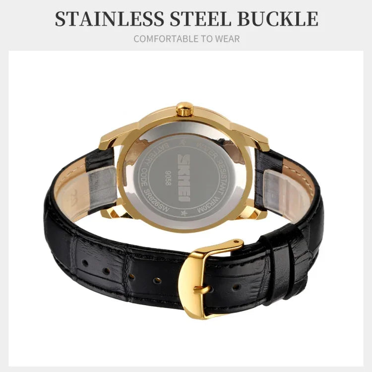 Đồng hồ đeo tay quartz vỏ vàng thời trang ngoài trời đa chức năng chống nước SKMEI 9058, kiểu nữ mặt đen dây đen, kiểu nữ mặt bạc dây nâu, kiểu nữ mặt vàng dây nâu, kiểu nam mặt bạc dây nâu