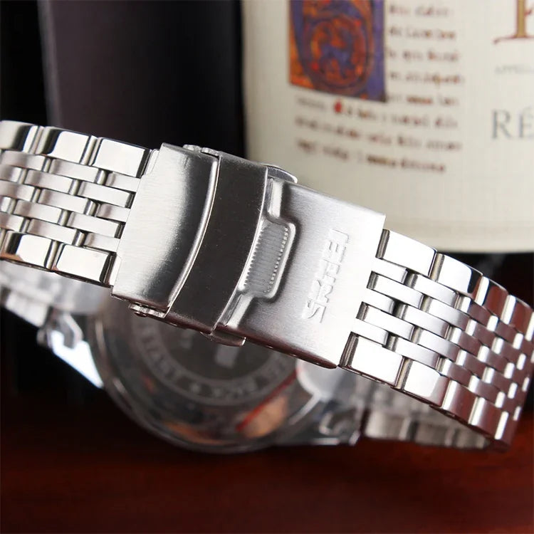 Đồng hồ đeo tay quartz dây thép thời trang ngoài trời đa chức năng chống nước SKMEI 9058, kiểu nam màu đen, kiểu nam màu trắng, kiểu nam màu xanh, kiểu nữ màu đen, kiểu nữ màu trắng, kiểu nữ màu xanh