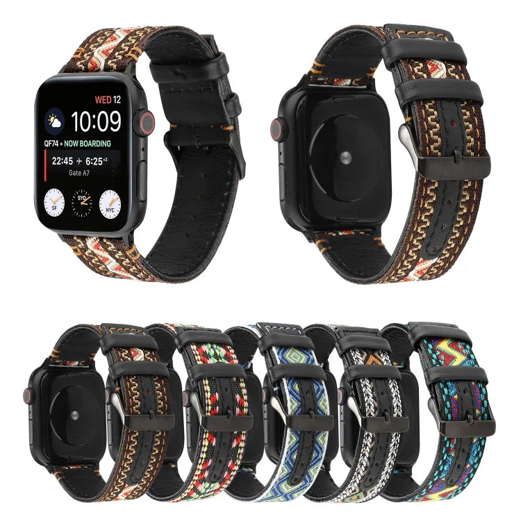 Dây Đeo Da Thật Kiểu Dân Tộc, Cho Apple Watch Series 7 41mm / 6 & SE & 5 & 4 40mm / 3 & 2 & 1 38mm, Cho Apple Watch Series 7 45mm / 6 & SE & 5 & 4 44mm / 3 & 2 & 1 42mm