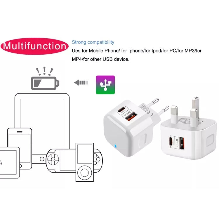 Bộ sạc du lịch 20W PD + QC 3.0 hai cổng, phích cắm US, phích cắm EU, phích cắm UK