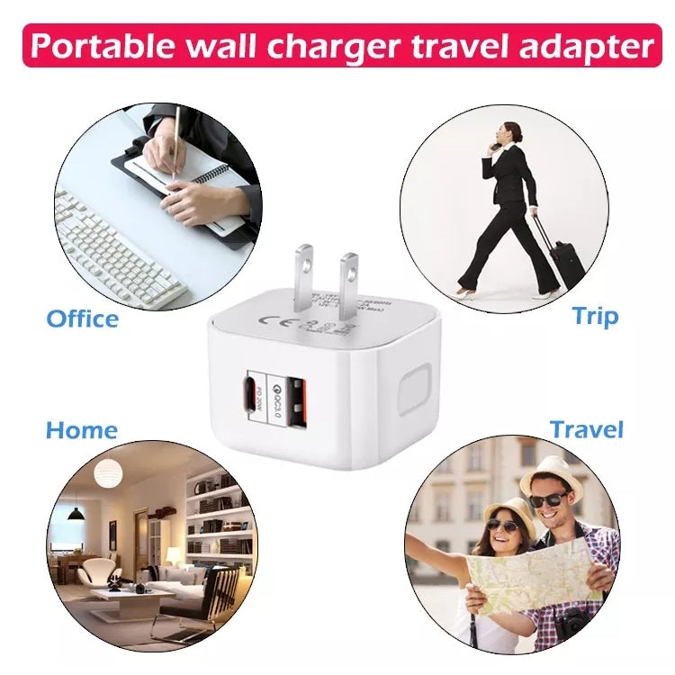 Bộ sạc du lịch 20W PD + QC 3.0 hai cổng, phích cắm US, phích cắm EU, phích cắm UK