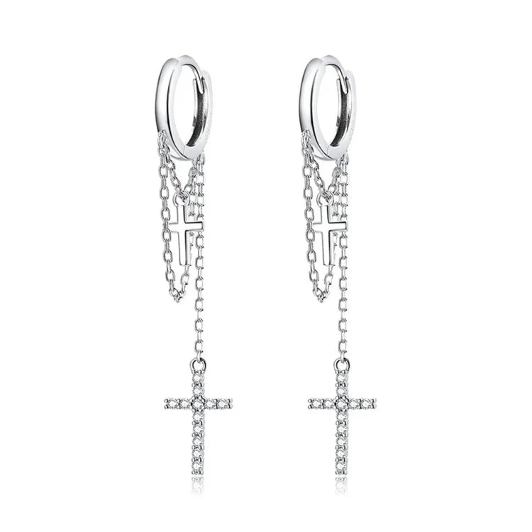 Bông tai nữ bạc S925 Sterling tua dài hình thánh giá lấp lánh, Tua dài hình thánh giá lấp lánh