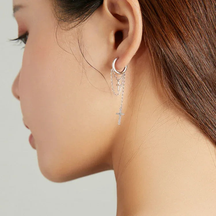 Bông tai nữ bạc S925 Sterling tua dài hình thánh giá lấp lánh, Tua dài hình thánh giá lấp lánh