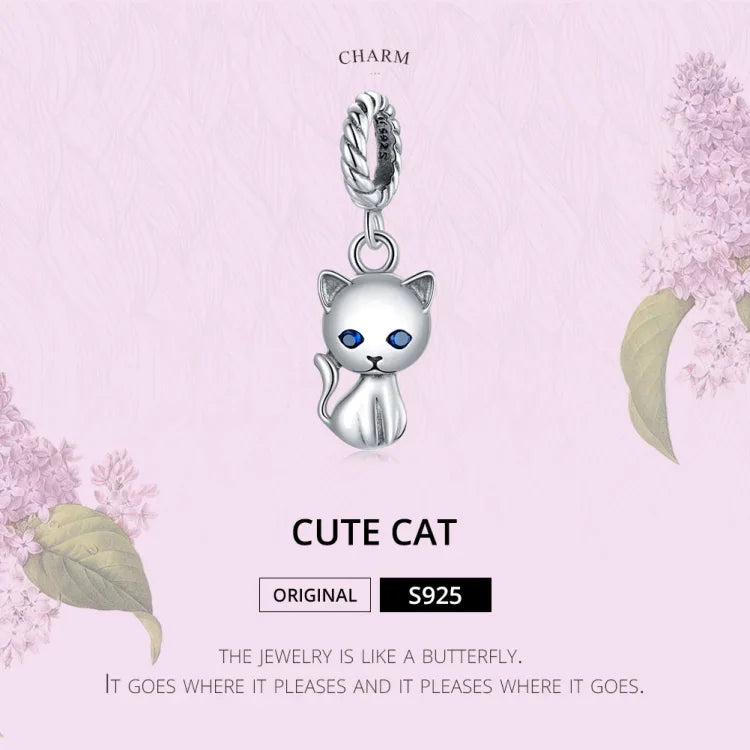 Mặt dây chuyền bạc S925 Sterling hình mèo dễ thương phụ kiện vòng tay vòng cổ tự làm, Mèo