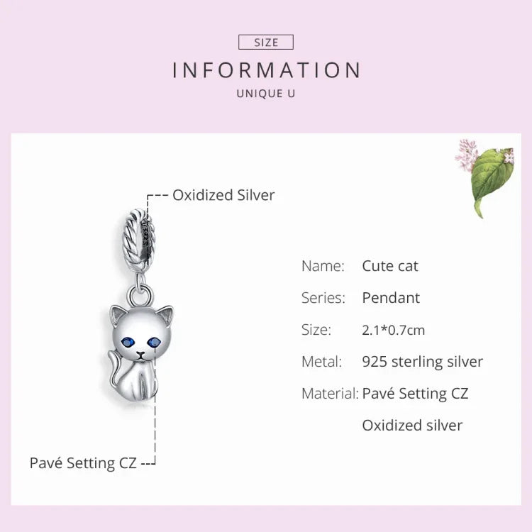Mặt dây chuyền bạc S925 Sterling hình mèo dễ thương phụ kiện vòng tay vòng cổ tự làm, Mèo