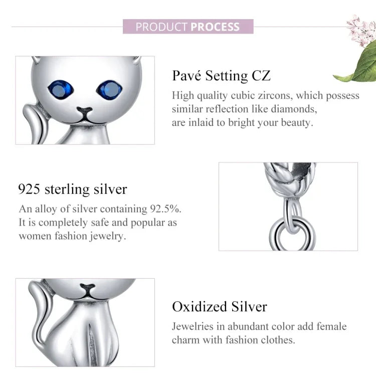 Mặt dây chuyền bạc S925 Sterling hình mèo dễ thương phụ kiện vòng tay vòng cổ tự làm, Mèo