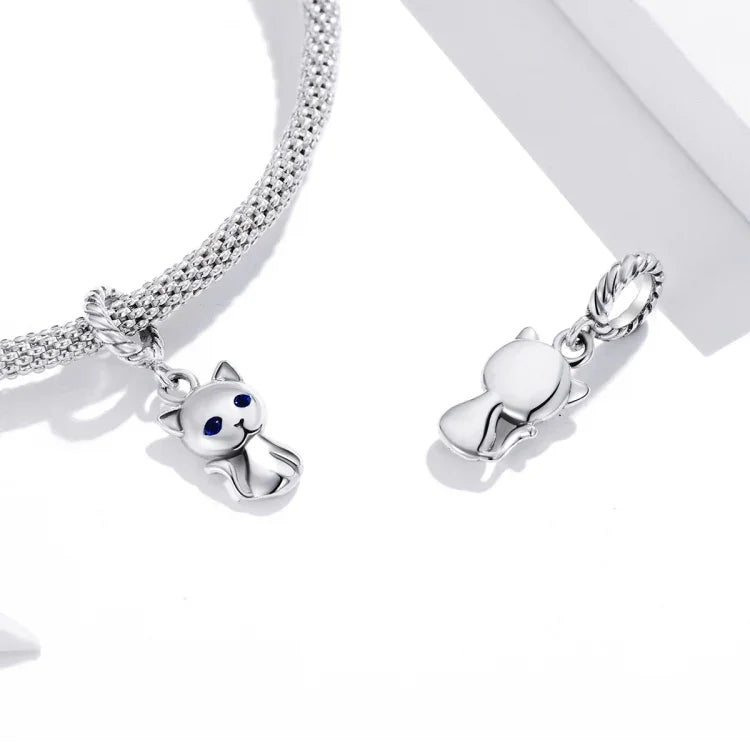 Mặt dây chuyền bạc S925 Sterling hình mèo dễ thương phụ kiện vòng tay vòng cổ tự làm, Mèo