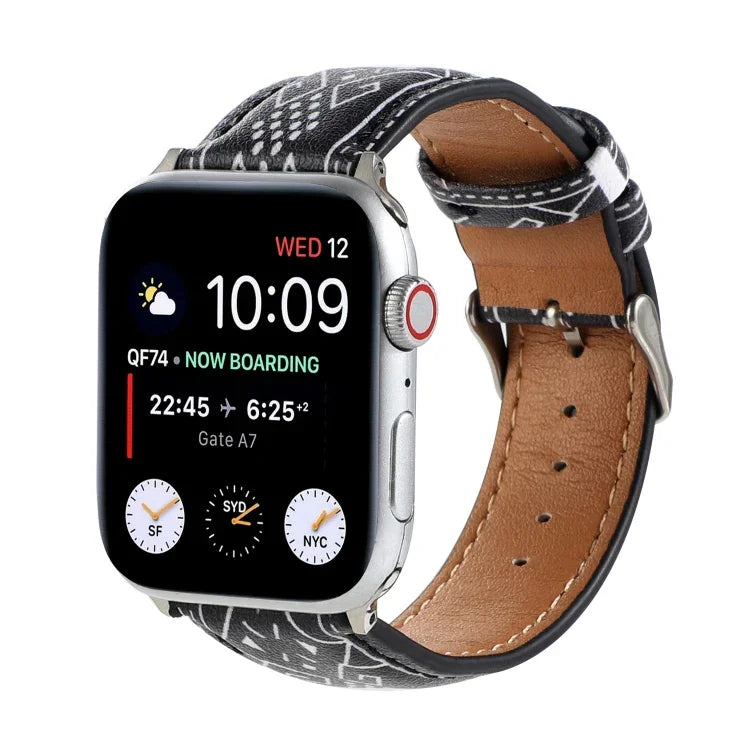 Dây đồng hồ da in họa tiết phong cách dân tộc cẩm thạch cho Apple Watch Series 6 & SE &, 5 & 4 44mm / 3 & 2 & 1 42mm, 5 & 4 40mm / 3 & 2 & 1 38mm