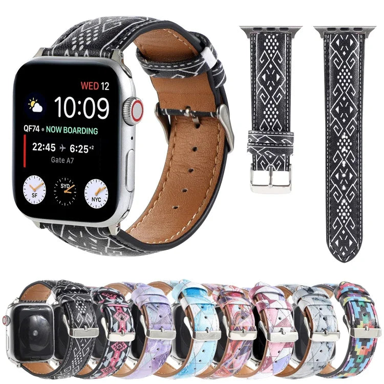 Dây đồng hồ da in họa tiết phong cách dân tộc cẩm thạch cho Apple Watch Series 6 & SE &, 5 & 4 44mm / 3 & 2 & 1 42mm, 5 & 4 40mm / 3 & 2 & 1 38mm