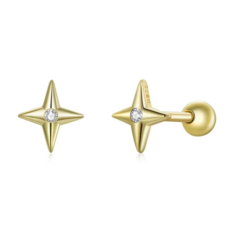 Bông tai nữ bạc S925 Sterling hình sao vàng, Sao vàng
